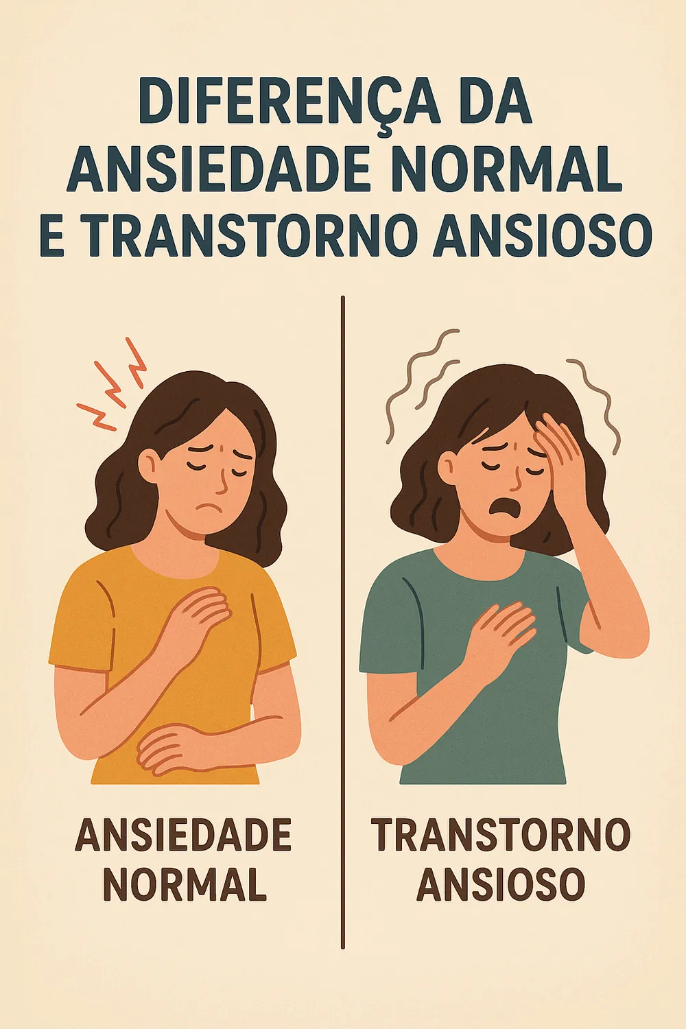 Ilustração comparando ansiedade normal e transtorno de ansiedade, com duas figuras.